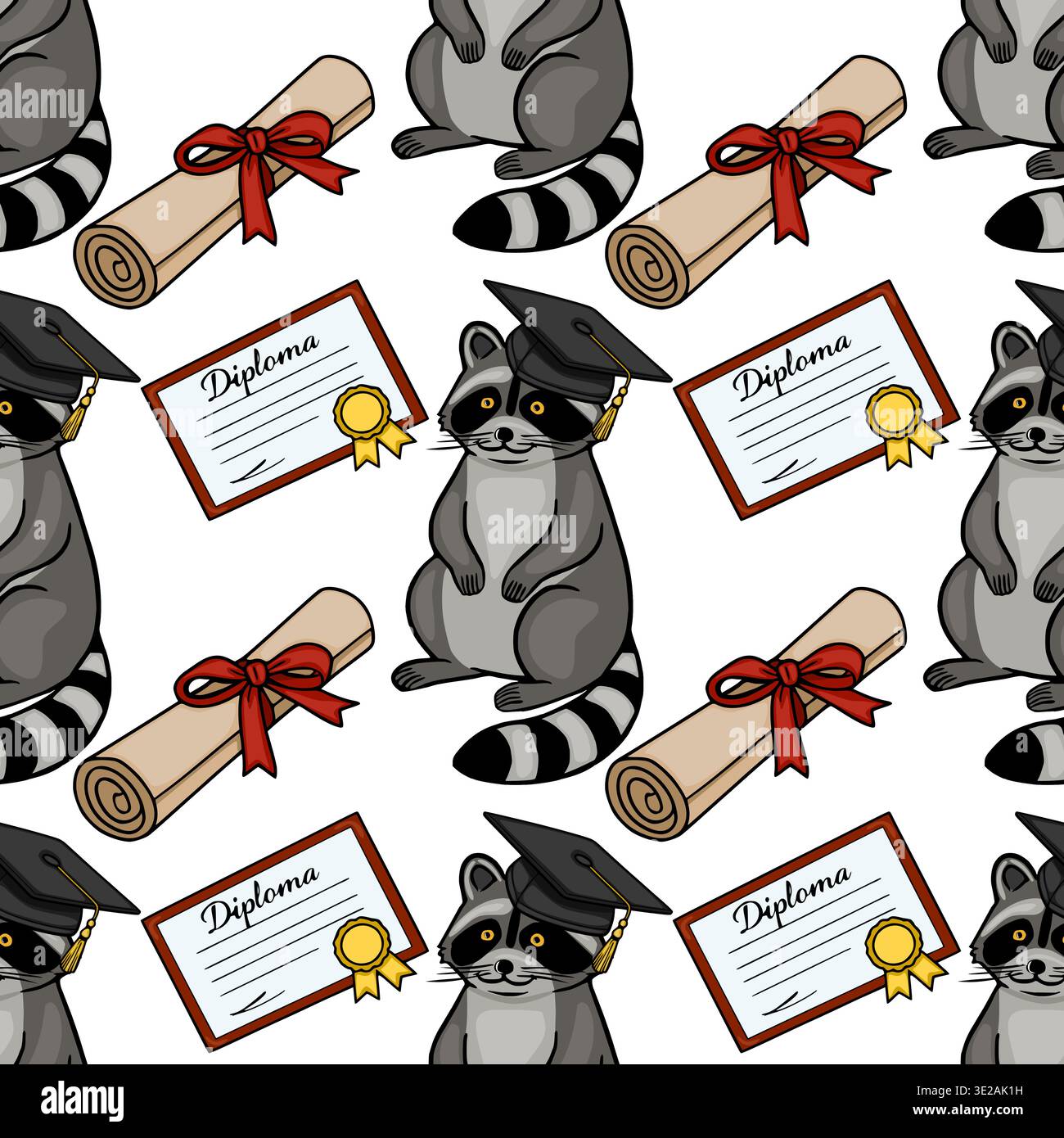 Adorable graduation raccoon vector pattern with diplomas and scrolls Stock Vector