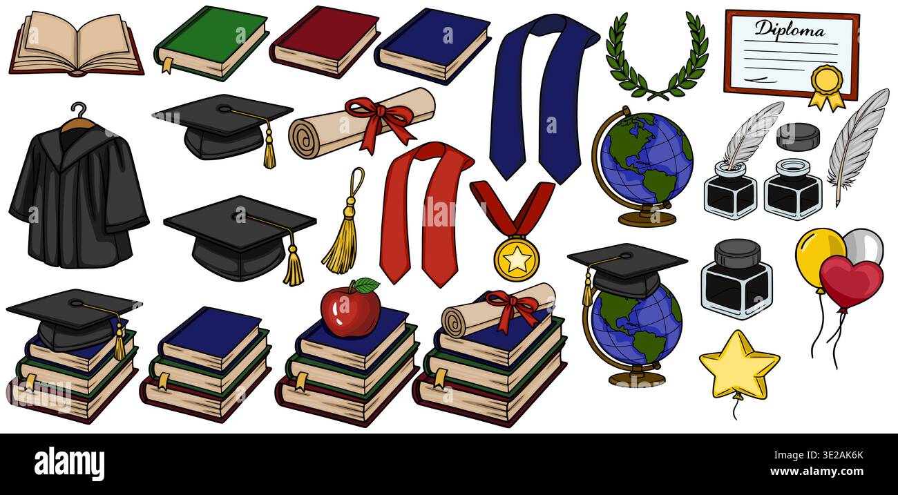 Set of graduation elements vector illustration: caps, gowns, diplomas, books, globes, and awards Stock Vector
