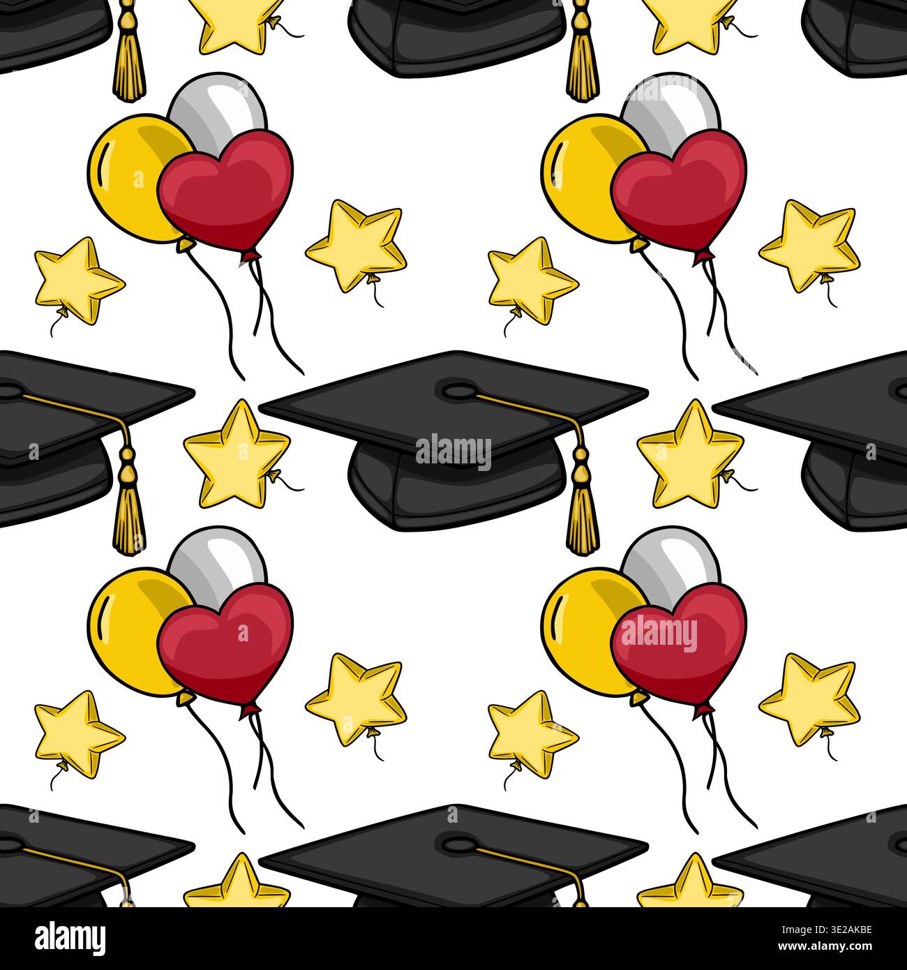 Seamless vector pattern of graduation caps and festive balloons with stars Stock Vector