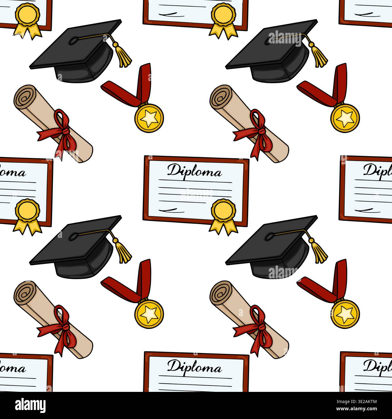 Seamless graduation pattern vector with academic caps, diplomas, and medals Stock Vector