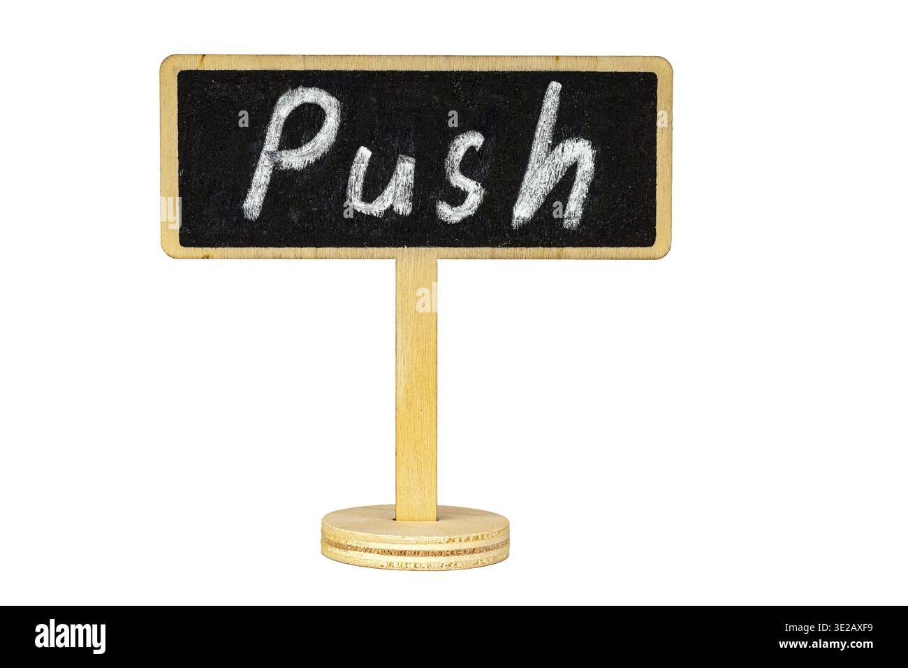 A charming handwritten chalk Push message written on a small blackboard sign mounted on a wooden stand, isolated on a clean white background with gene Stock Photo
