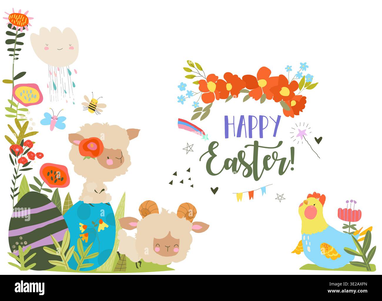 Cute Cartoon Lambs sitting on Easter Eggs Stock Vector