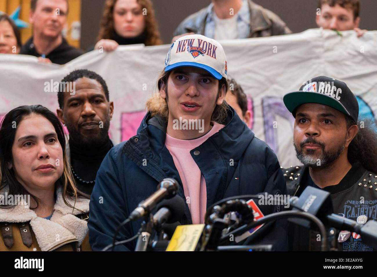 Dylan Lopez Contreras talks during a press conference after being freed ...