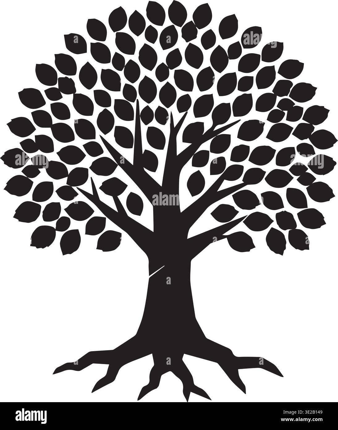 Black Tree Silhouette With Roots Branches And Dense Leaf Canopy Stock Vector