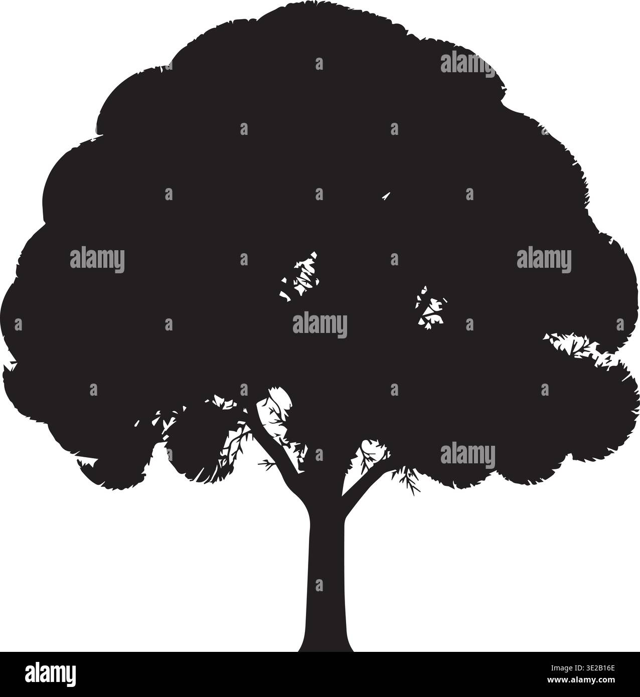 Broadleaf Deciduous Tree Silhouette With Dense Rounded Canopy And Trunk Stock Vector