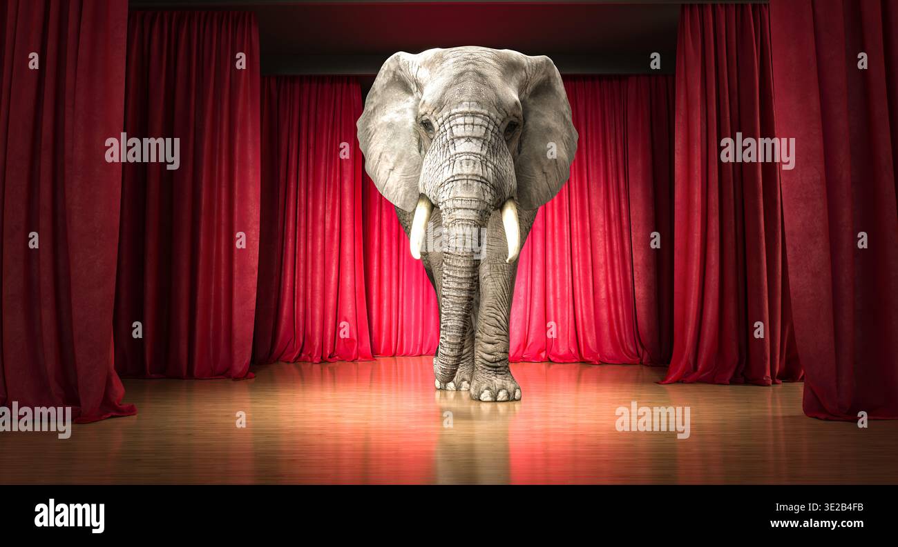 3d Elephant on stage presenting a looming problem Stock Photo