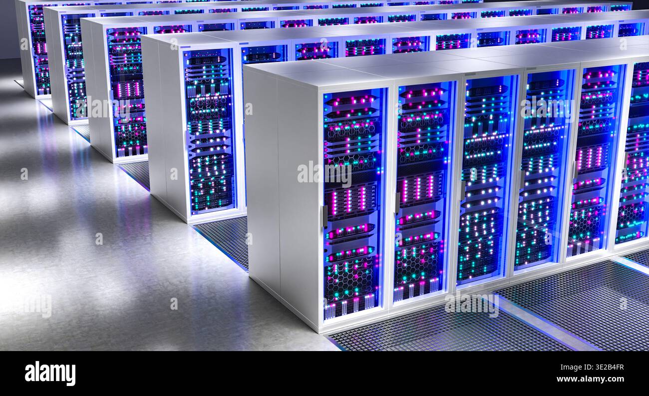 Server racks with glowing lights 3d background Stock Photo