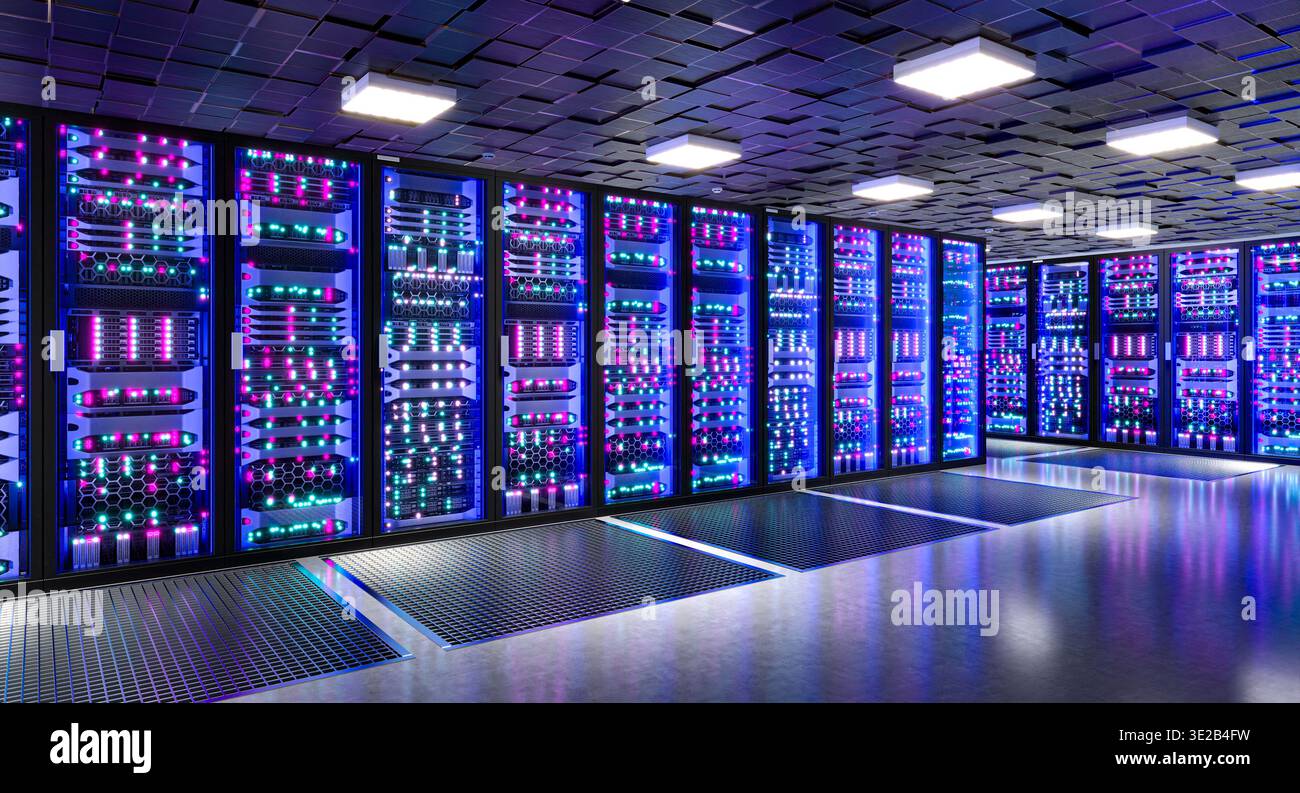 3d Server racks with glowing lights Stock Photo