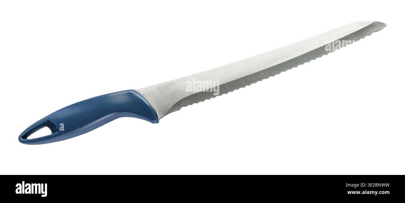 Bread knife with plastic handle cutout on white background Stock Photo