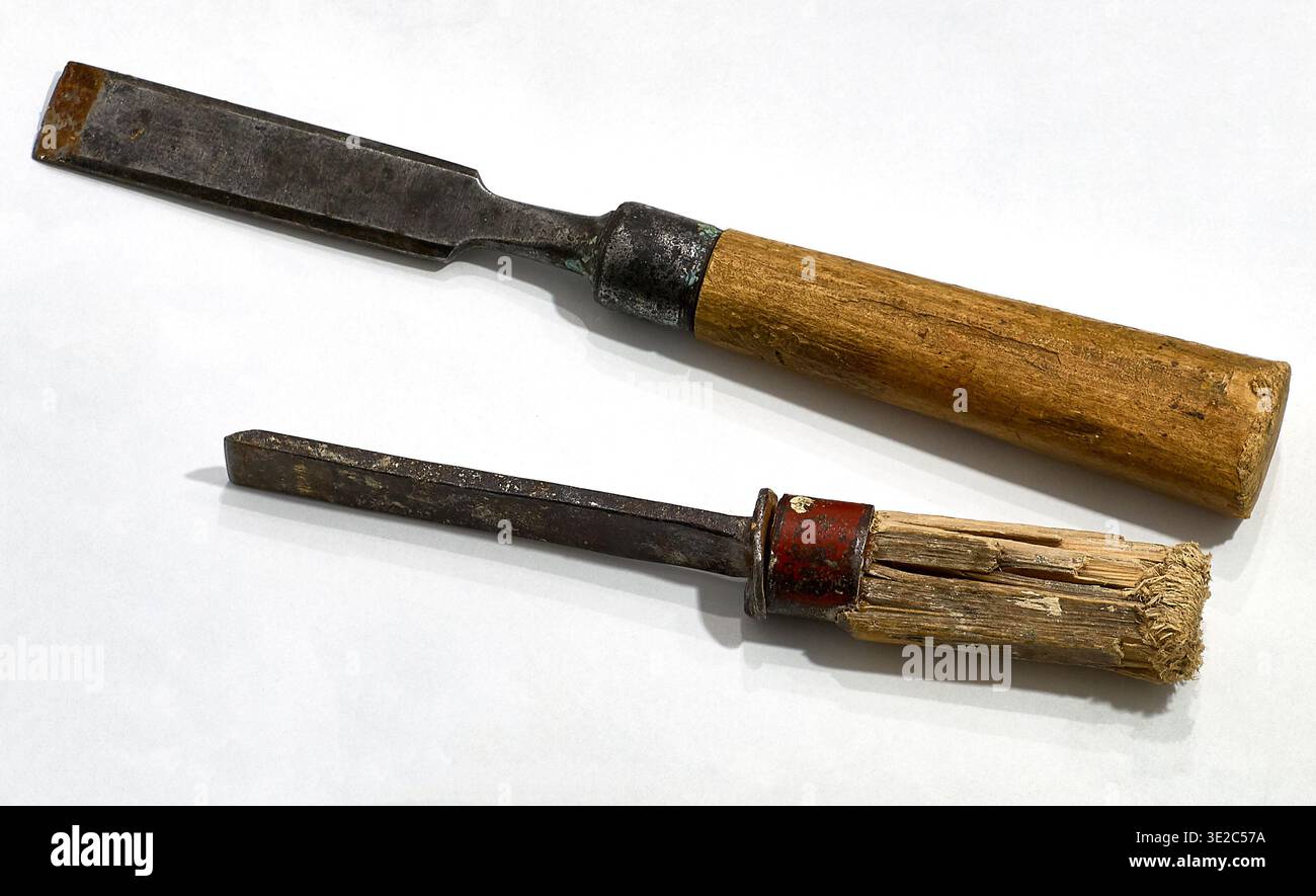 Two old chisels on a white background. Woodworking tool. Stock Photo