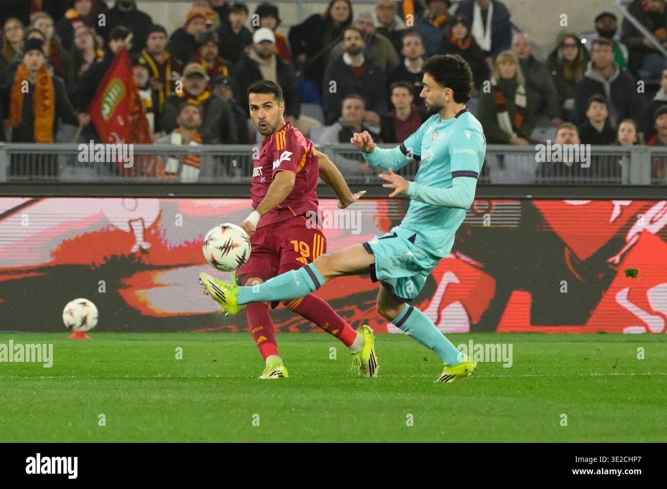 Roma’s Zeki Celik and Bologna's Joao Mario during the Uefa Europa ...