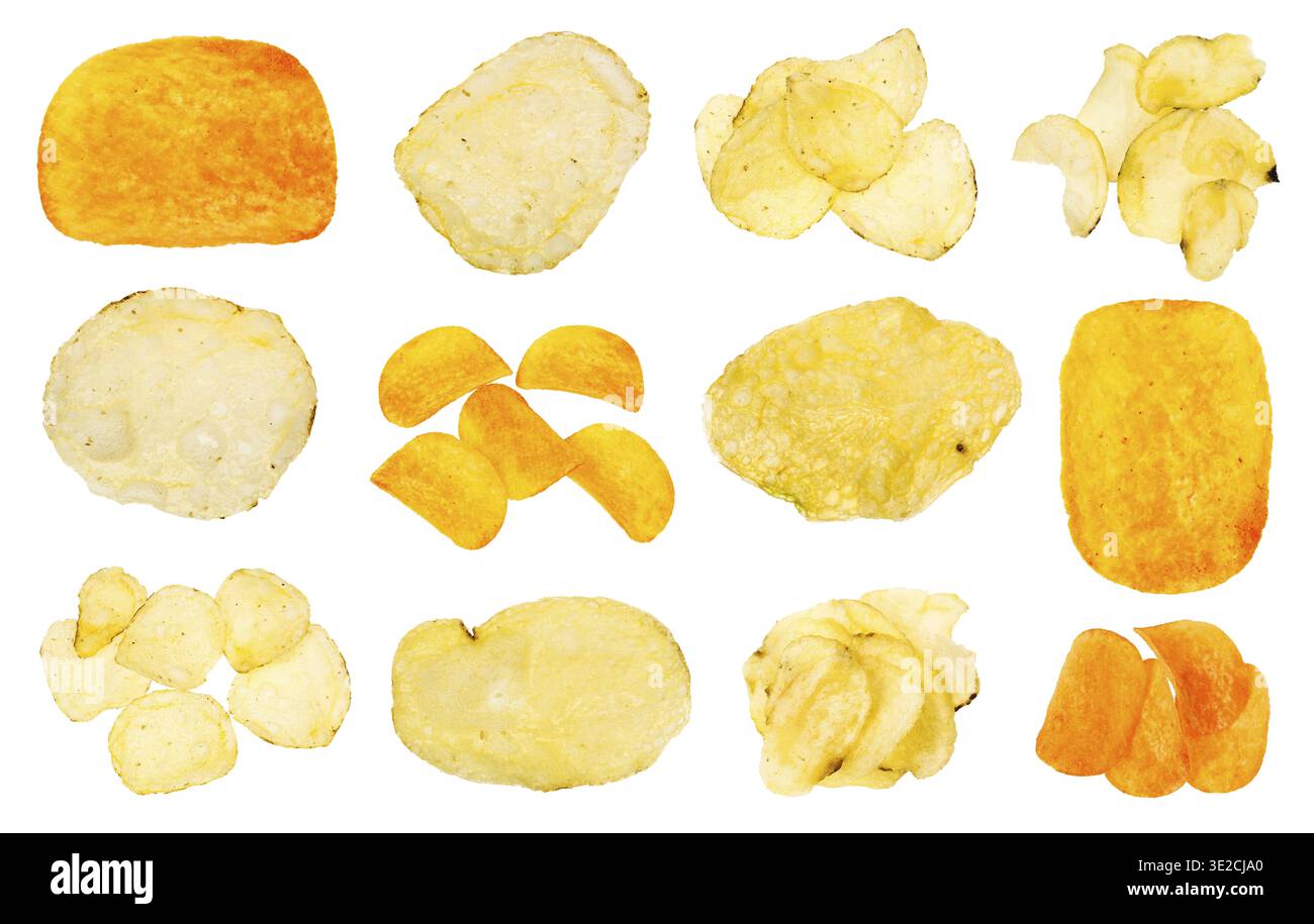 Various potato chips isolated on white background Stock Photo