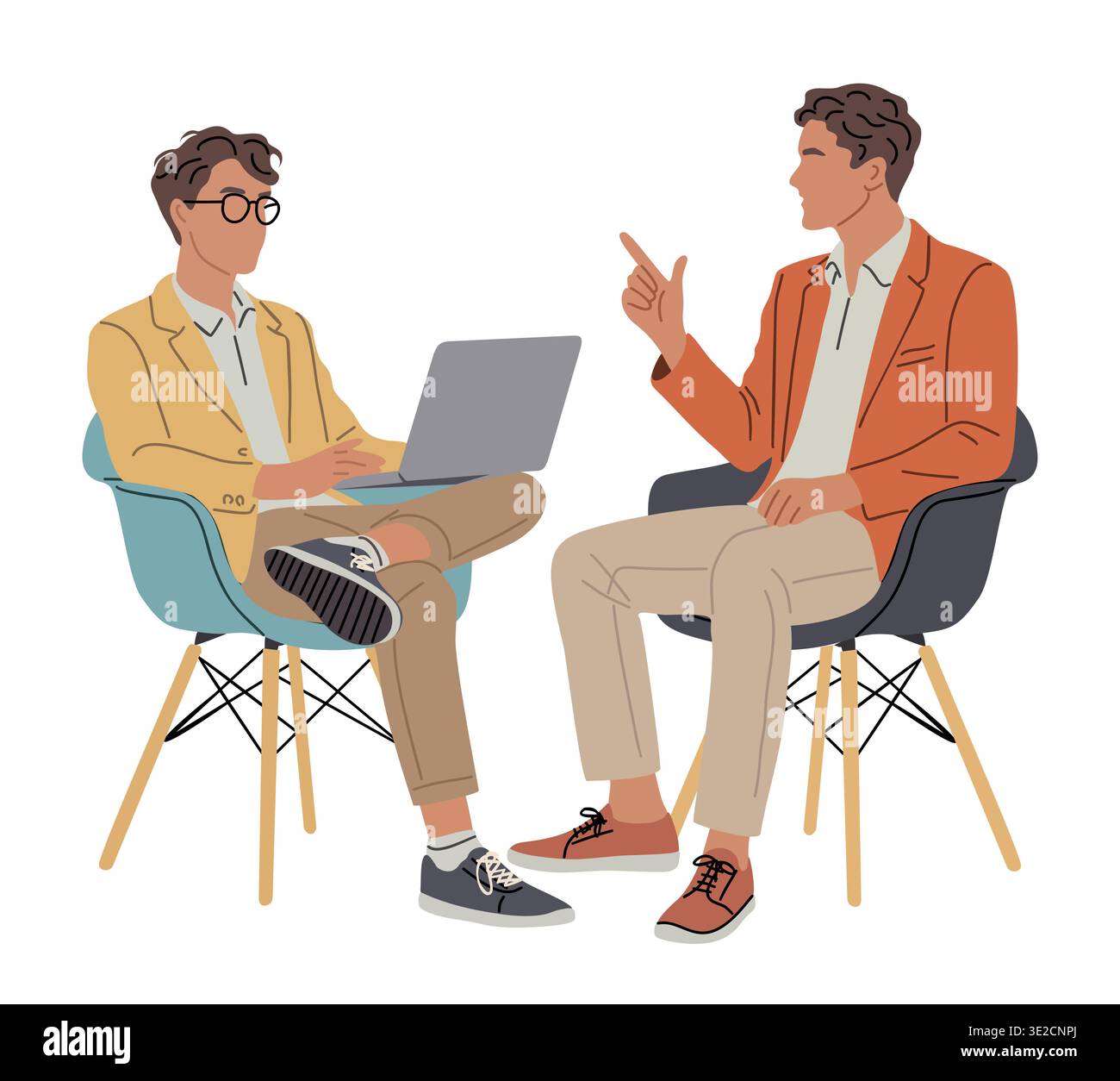 Two men converse while seated on modern chairs Stock Vector
