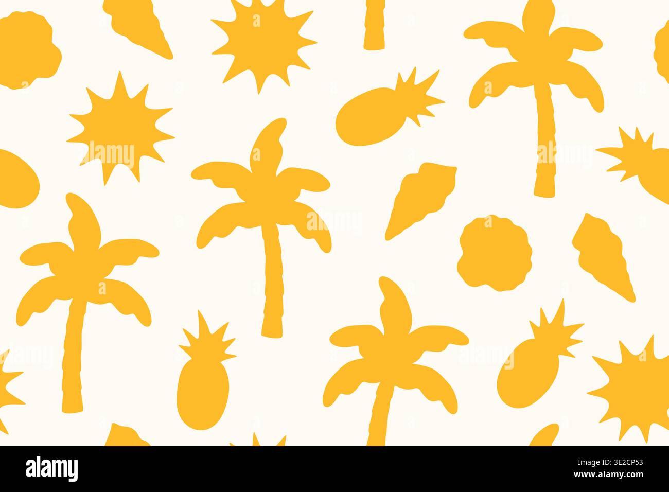 seamless orange summer pattern with palms, pineapples, shells and suns; perfect for beach-themed designs and tropical decor- vector illustration Stock Vector
