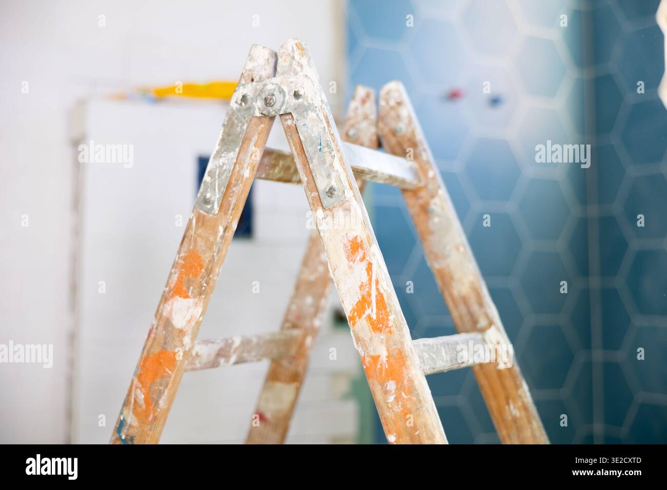 Stepladder in bathroom during renovation works Stock Photo