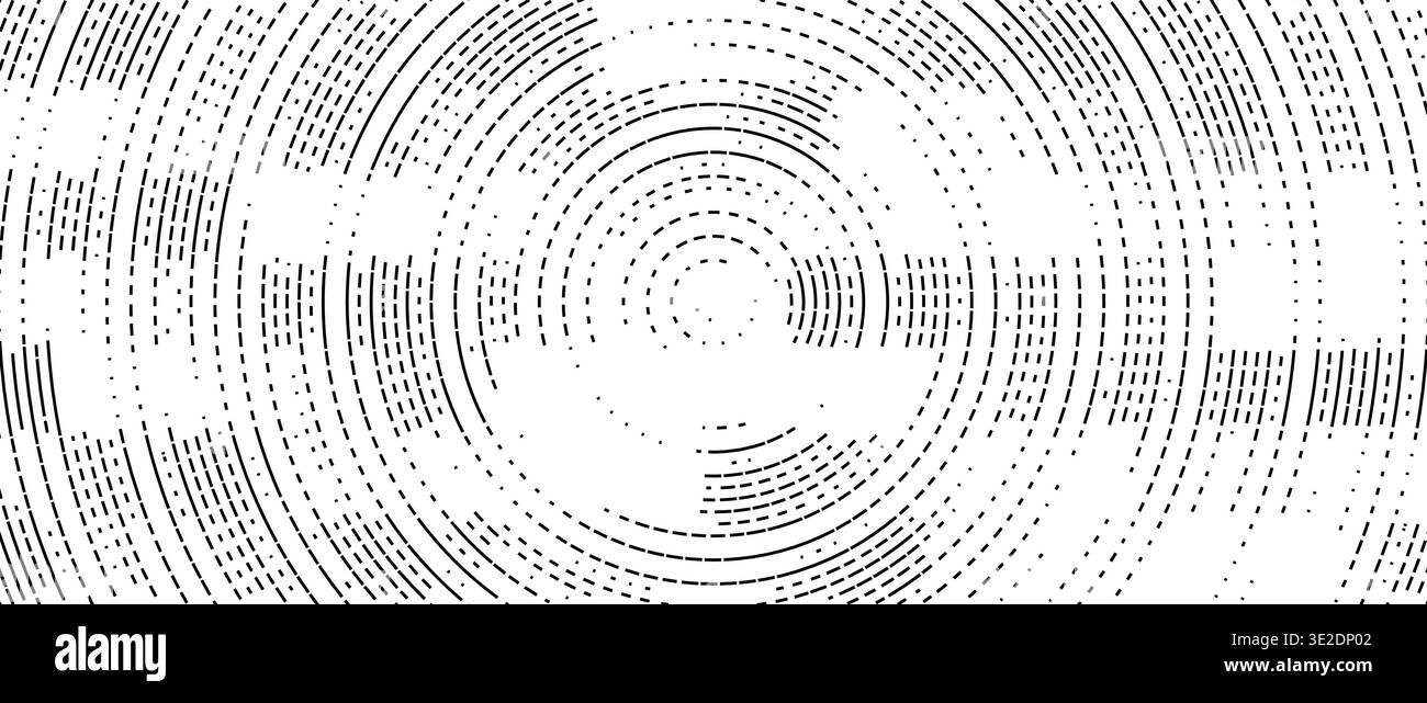 Abstract radial pixelated halftone pattern. Circular pixel explosion background. Rotating scattered dot dashed texture overlay bg. Vector radial spinn Stock Vector
