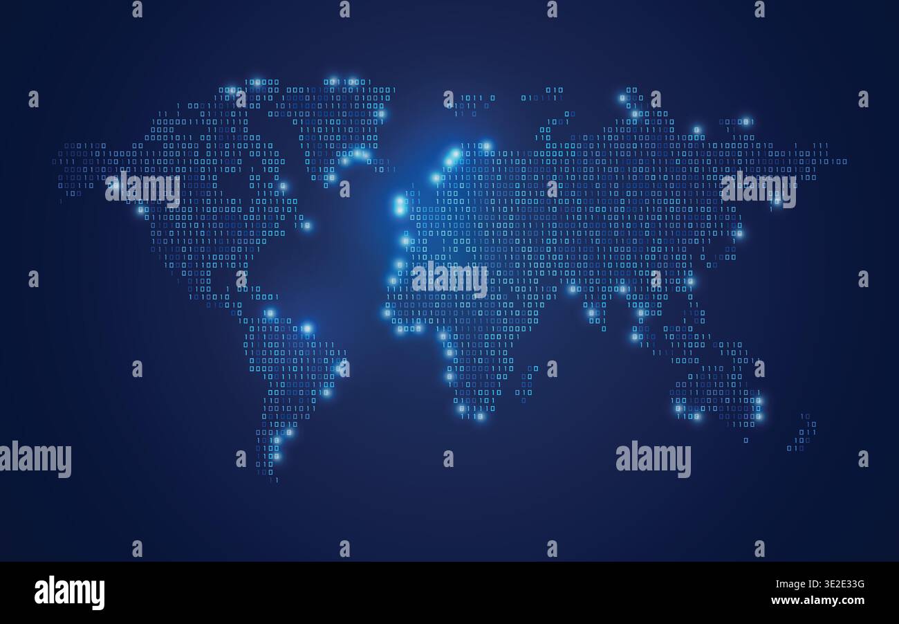 concept of digital technology or data transformation, shape of world map combined with binary code Stock Vector