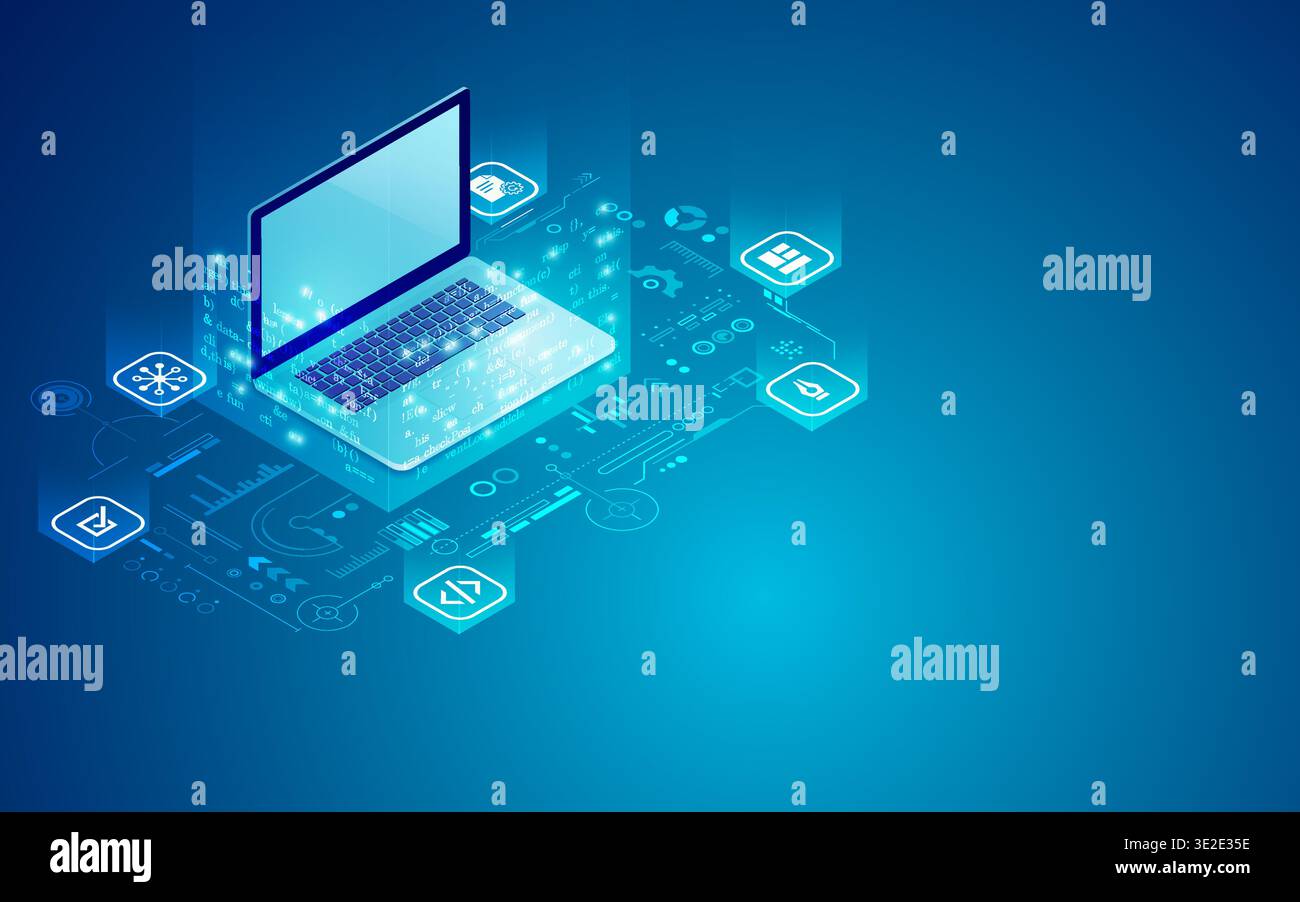concept of web programming development, laptop with UI UX interface element in isometric Stock Vector