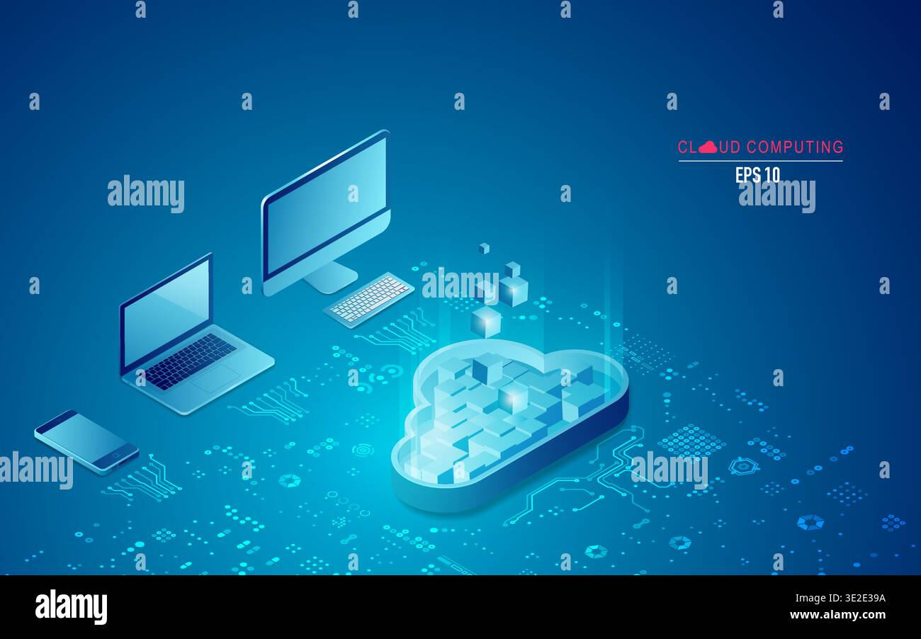 concept of cloud computing technology, cloud symbol with digital devices in isometric Stock Vector