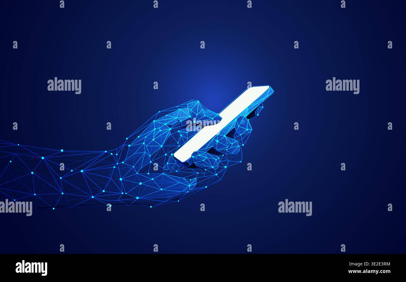 concept of mobile technology, wireframe low poly hand holding communication device Stock Vector