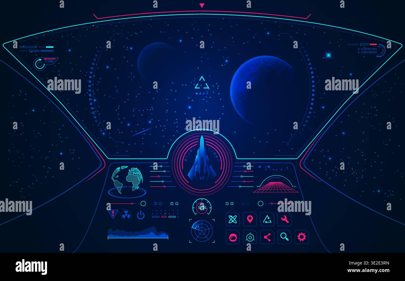 graphic of spaceship user interface with galaxy view Stock Vector