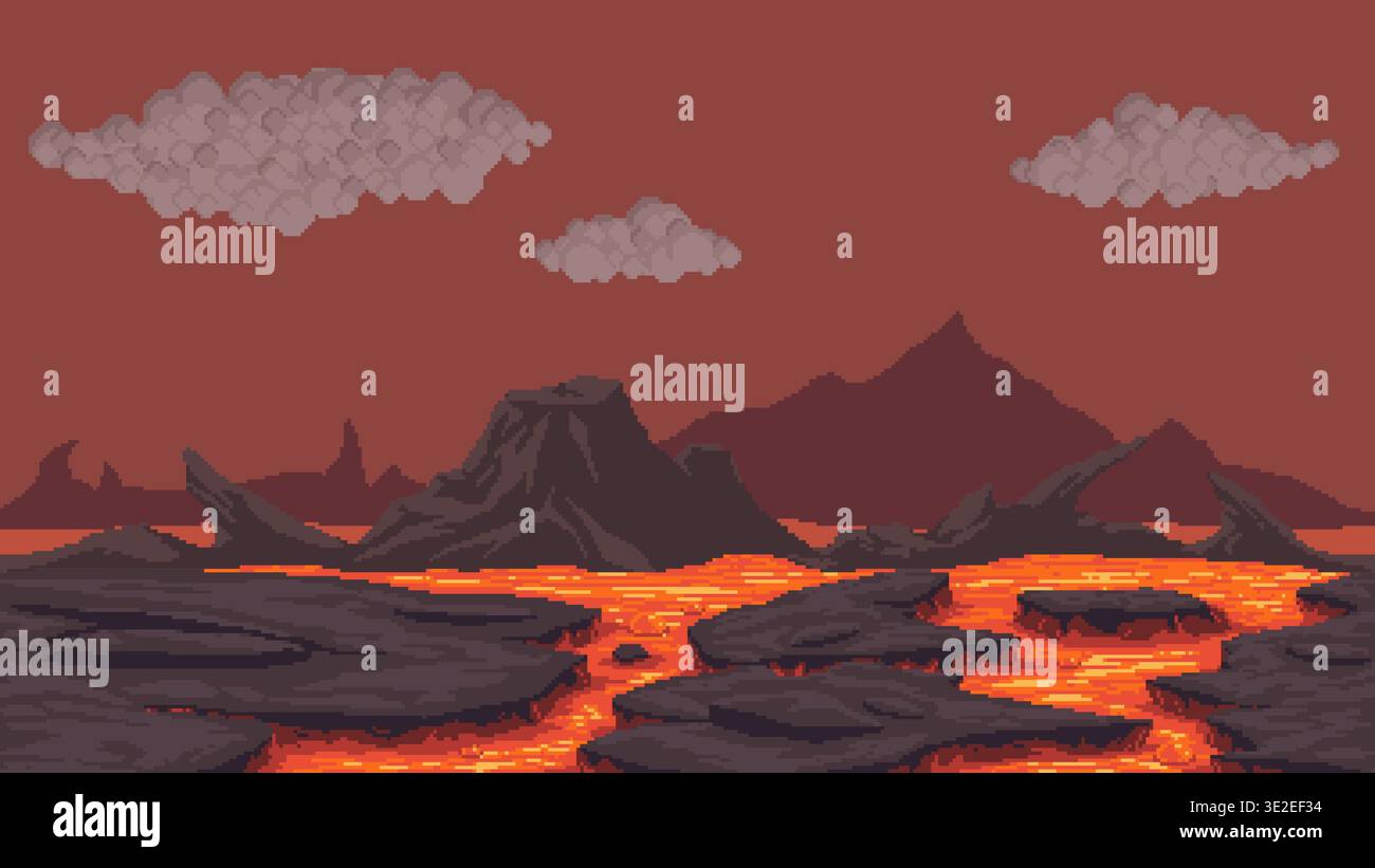 Pixel art lava rocky landscape background Stock Vector