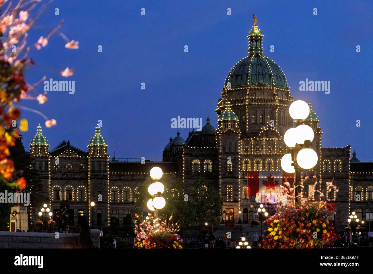 B.C., British Columbia, Canada, Legislative Assembly of British Columbia, Parliament Building, Vancouver Island, evening, neo-Baroque Stock Photo