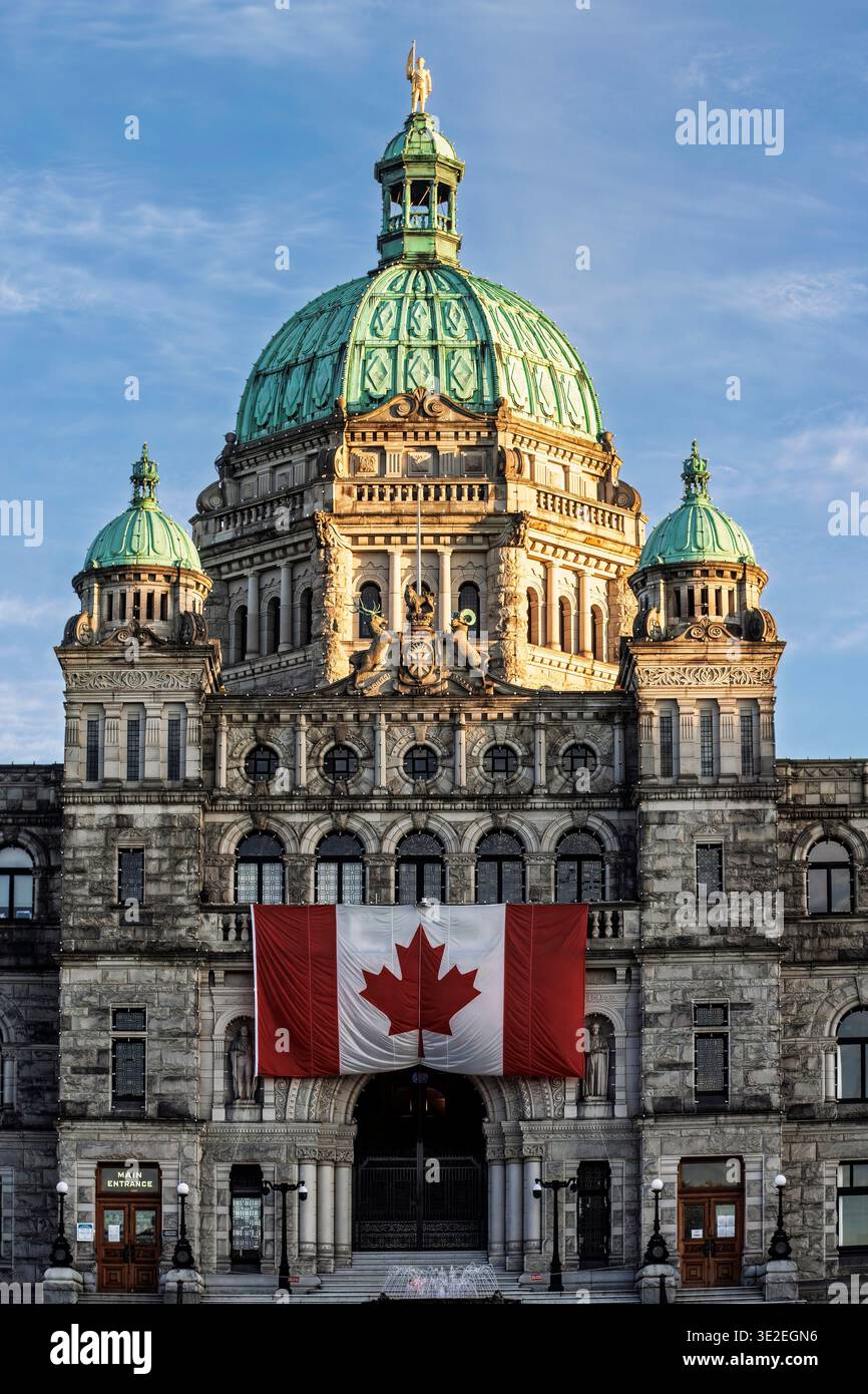 B.C., British Columbia, Canada, Canada flag, Legislative Assembly of British Columbia, Parliament Building, Vancouver Island, neo-Baroque Stock Photo