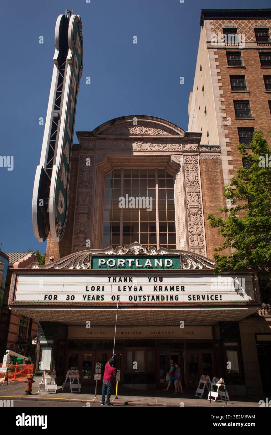 Facade of the Arlene Schnitzer Concert Hall with a marquee sign and a ...