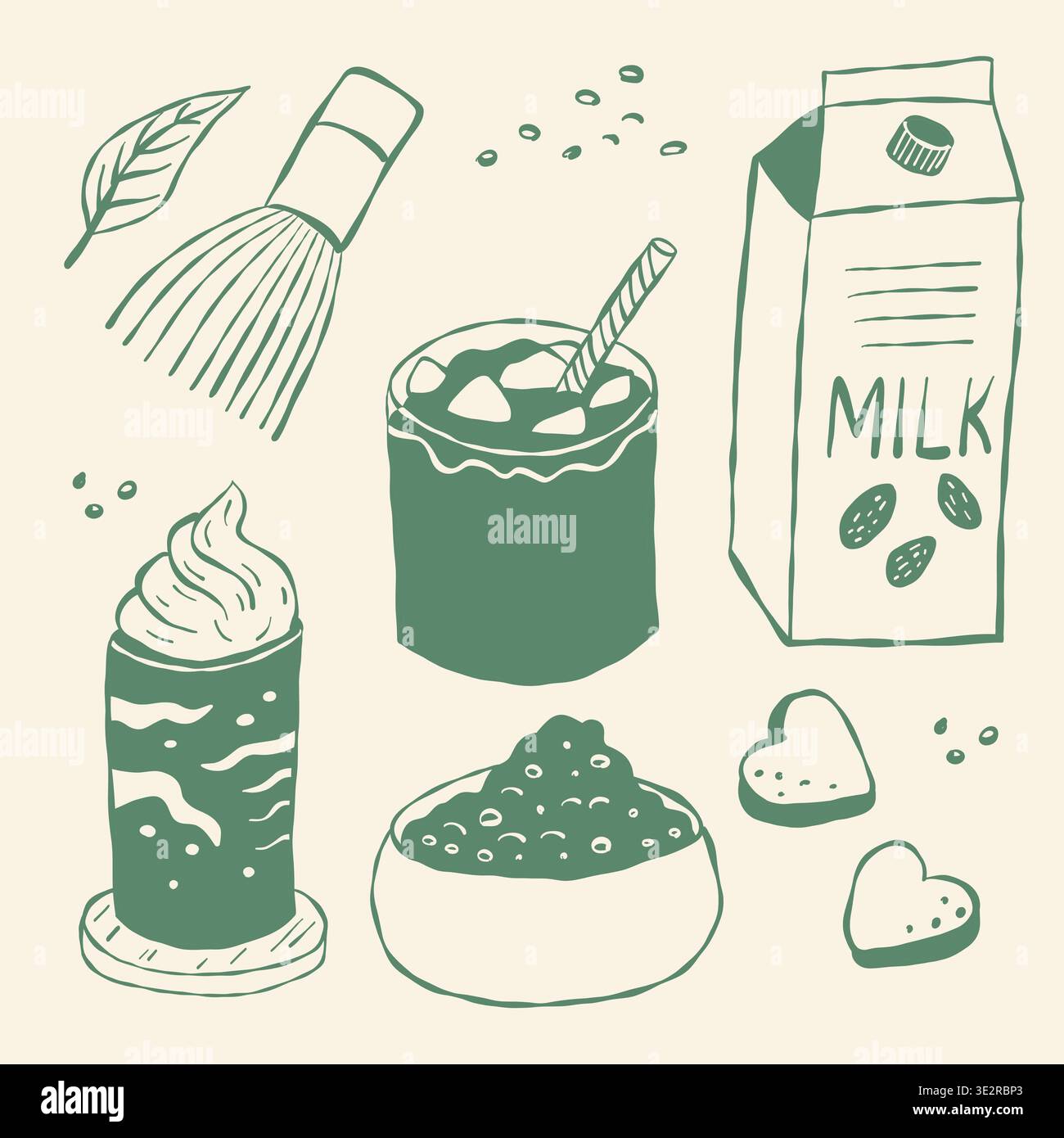 Handdrawn elements include matcha whisk, milk carton, whipped cream Stock Vector