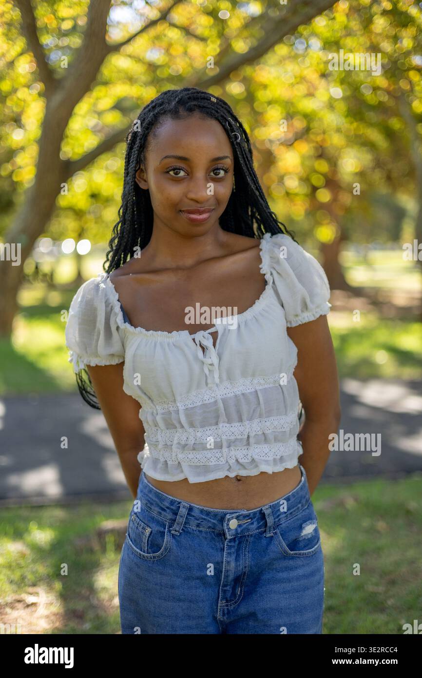 Young black female outside in a park Stock Photo