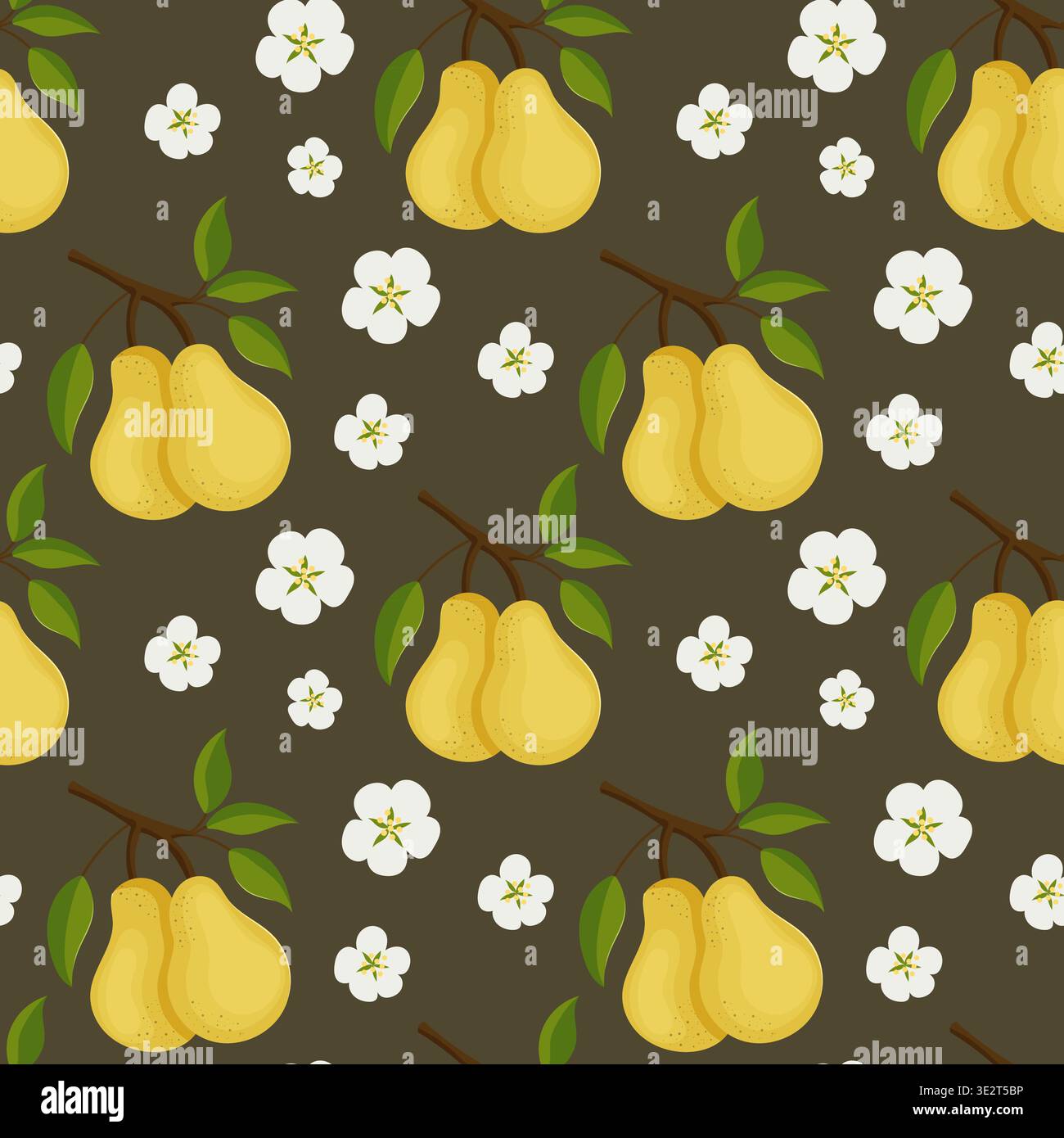 Seamless pattern featuring ripe pears and delicate flowers Stock Vector