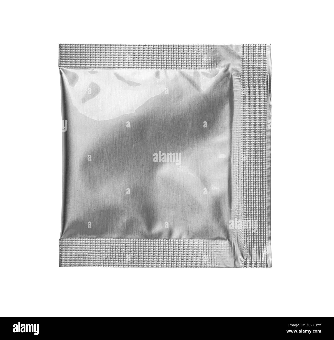Blank silver flexible aluminum foil sachet packaging pouch isolated with transparent background Stock Photo