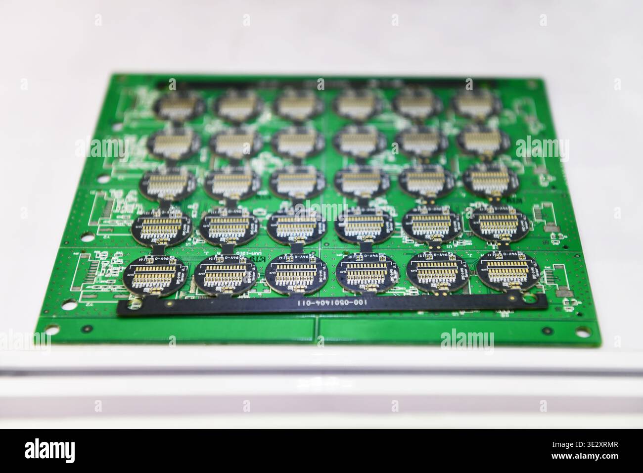 Printed circuit board (PCB) panel with gold plated connectors ready for SMT assembly process. Stock Photo