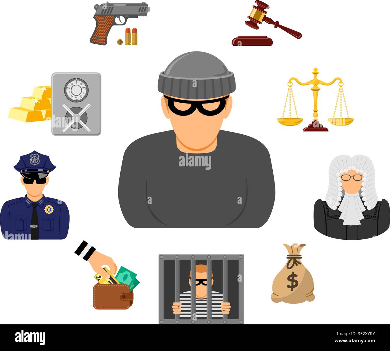 Crime and Punishment Infographics in Flat style icons such as Thief, Money, Gavel, Scales, Policeman, Judge, Handcuffs and Prison. Vector illustration Stock Vector