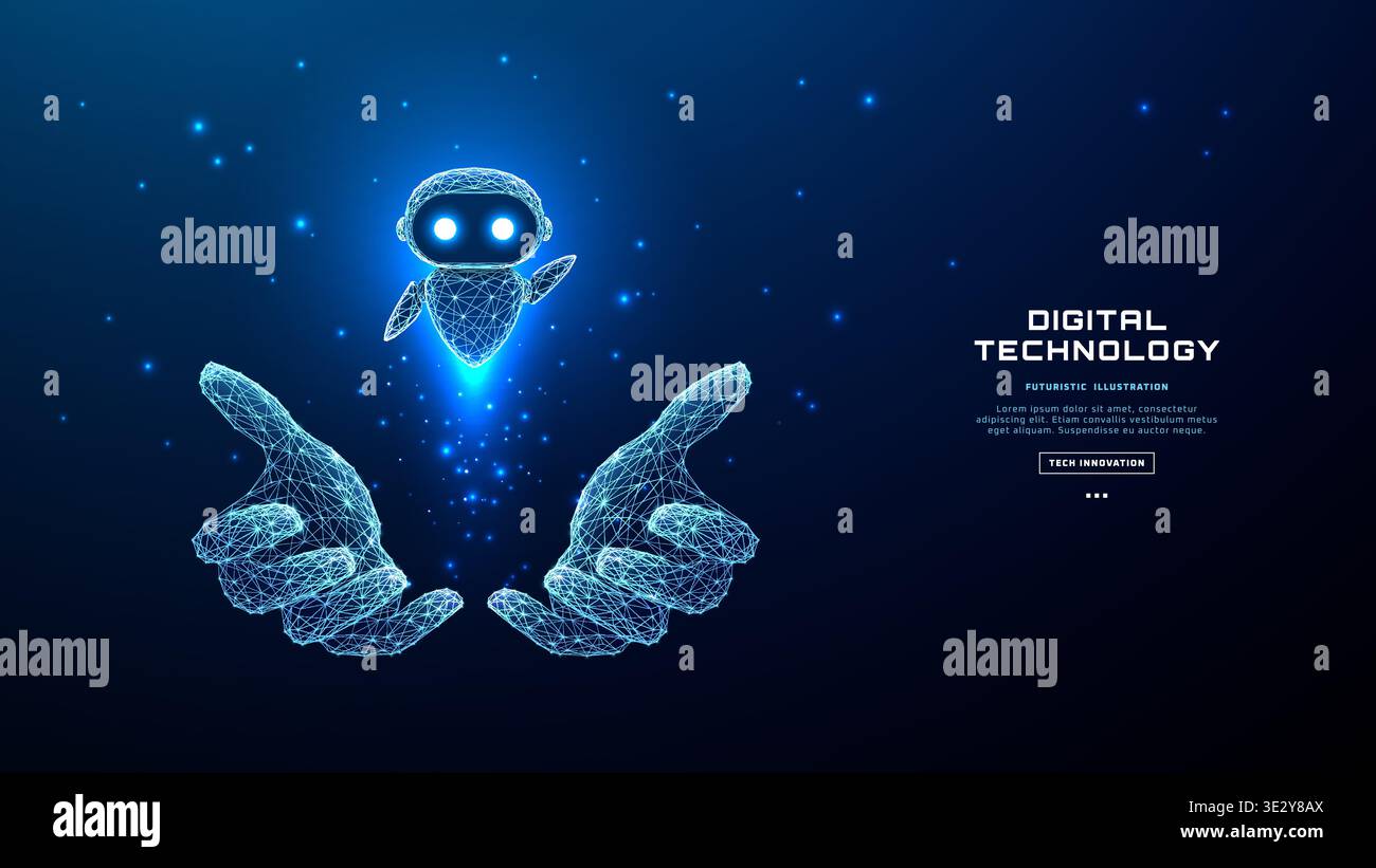 Digital low poly chatbot or robot flies under human tech hands Stock Vector