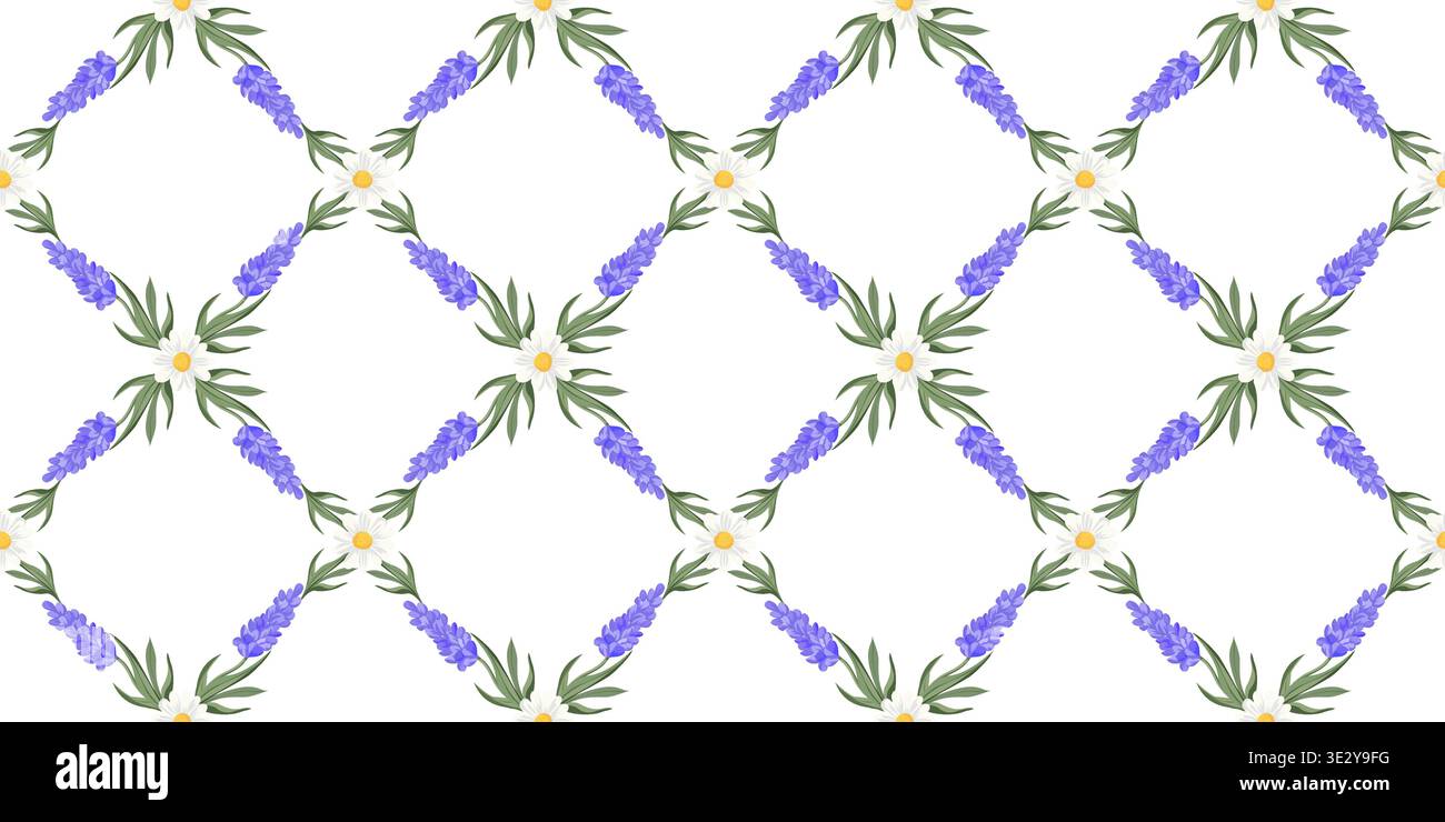 Elegant seamless vector pattern featuring lavender and daisy flowers arranged in a diamond grid on a white background. Great for textile and decor. Stock Vector