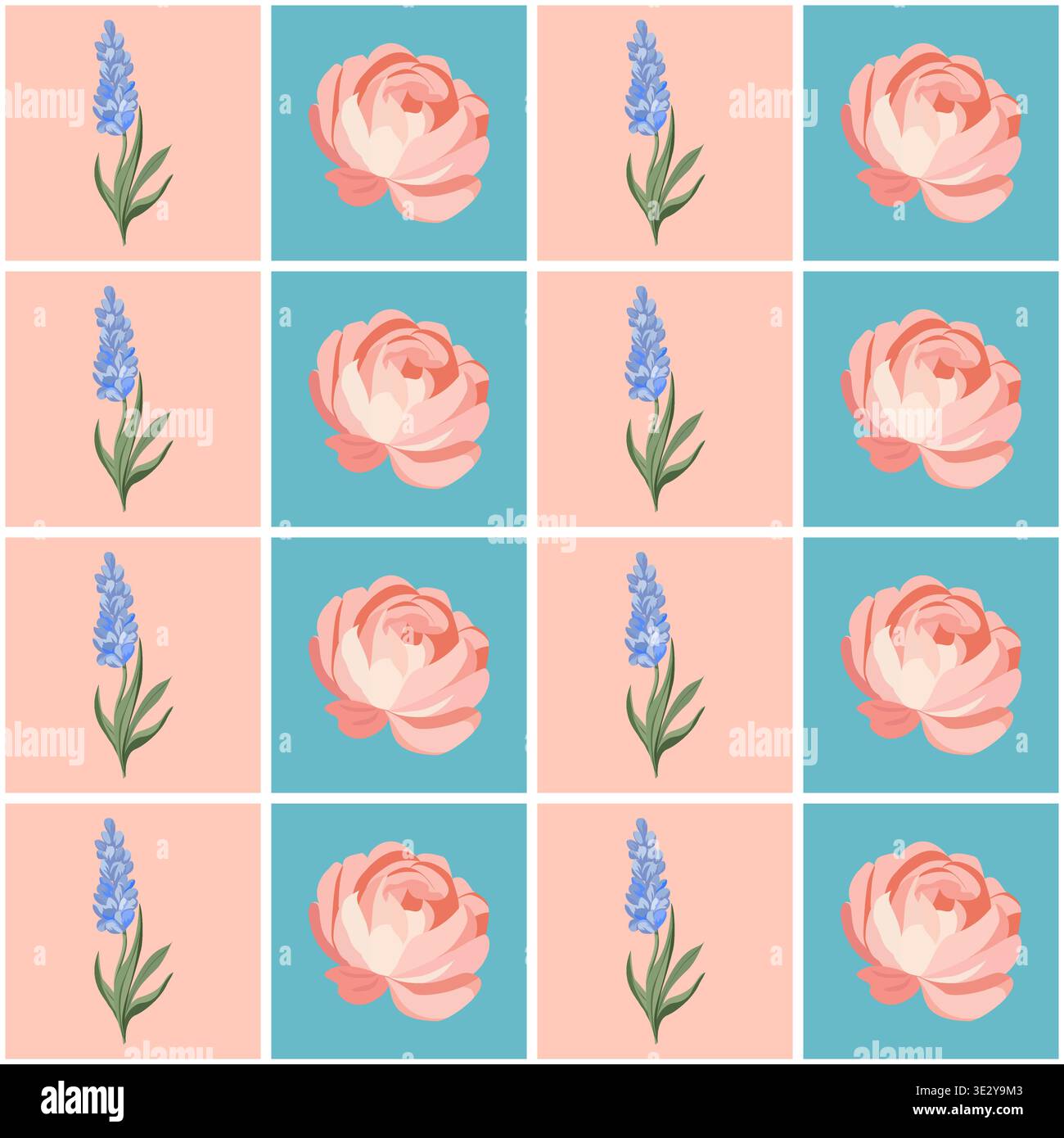 Seamless Peony and Lavender Checkered Floral Pattern Stock Vector