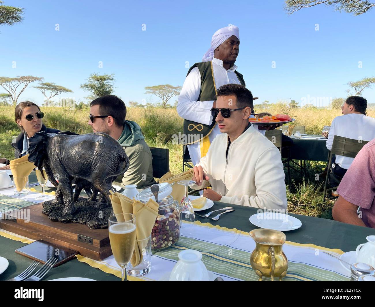 Champagne breakfast after a balloon safari in Serengeti National Park, Tanzania Stock Photo