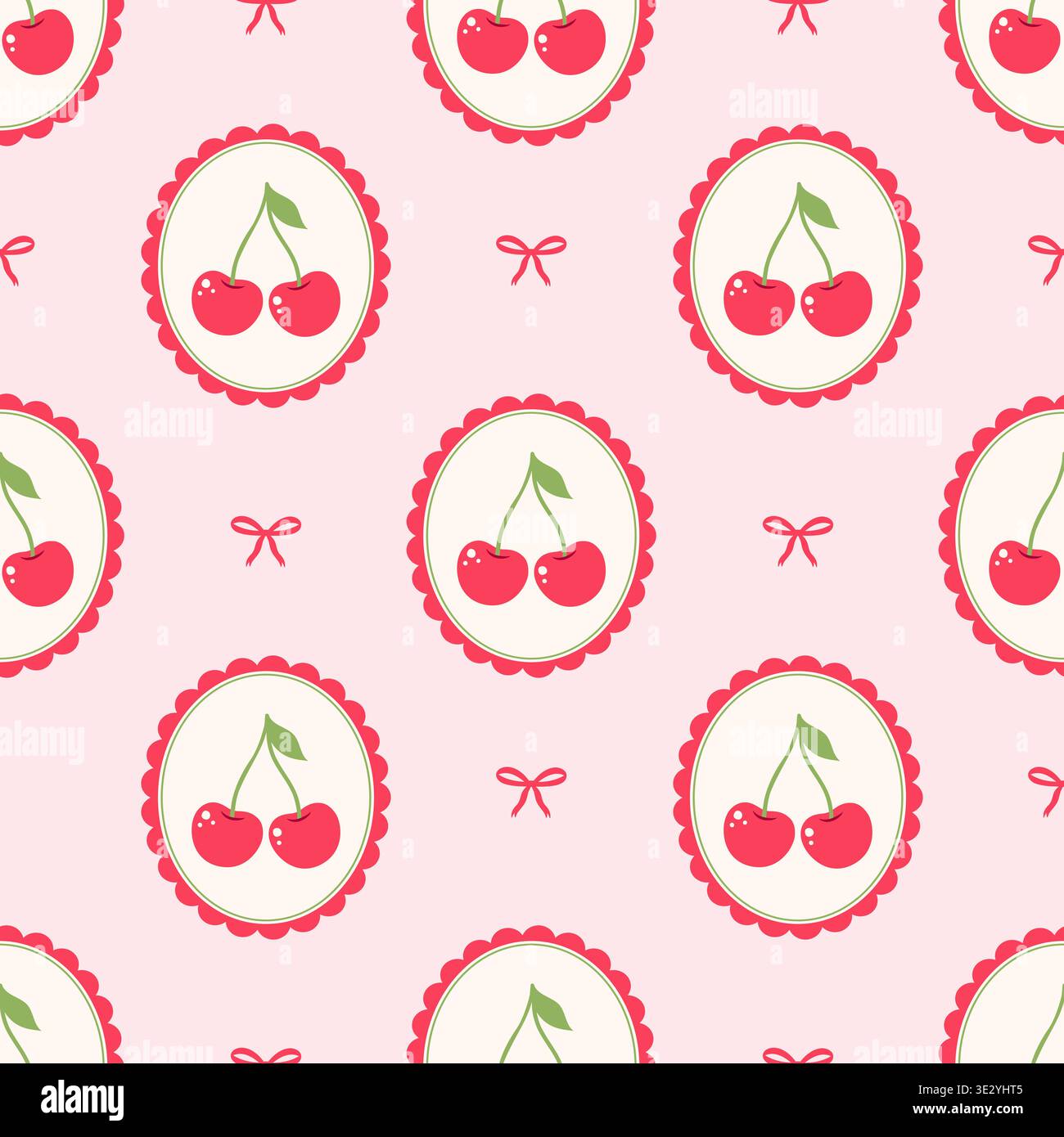 Seamless pattern with cherries in scalloped frames and ribbons on pink background. Stock Vector