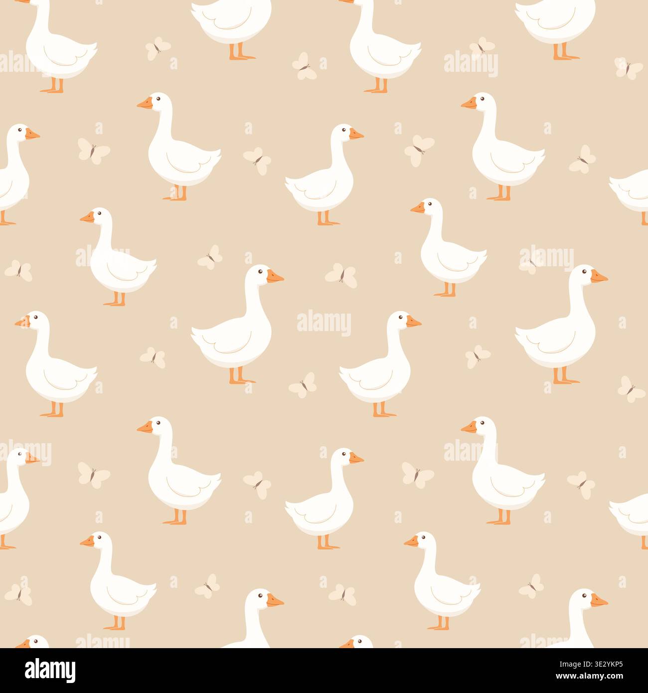 Seamless pattern with white geese and butterflies on a light background. Stock Vector