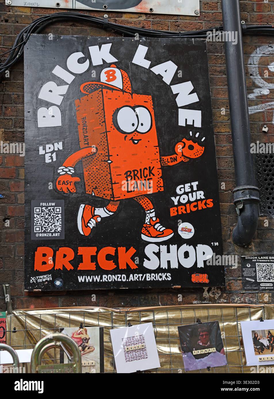 Brick Lane Brick Shop merchandise and graphic branding in the Old Truman Brewery area of east London. Stock Photo