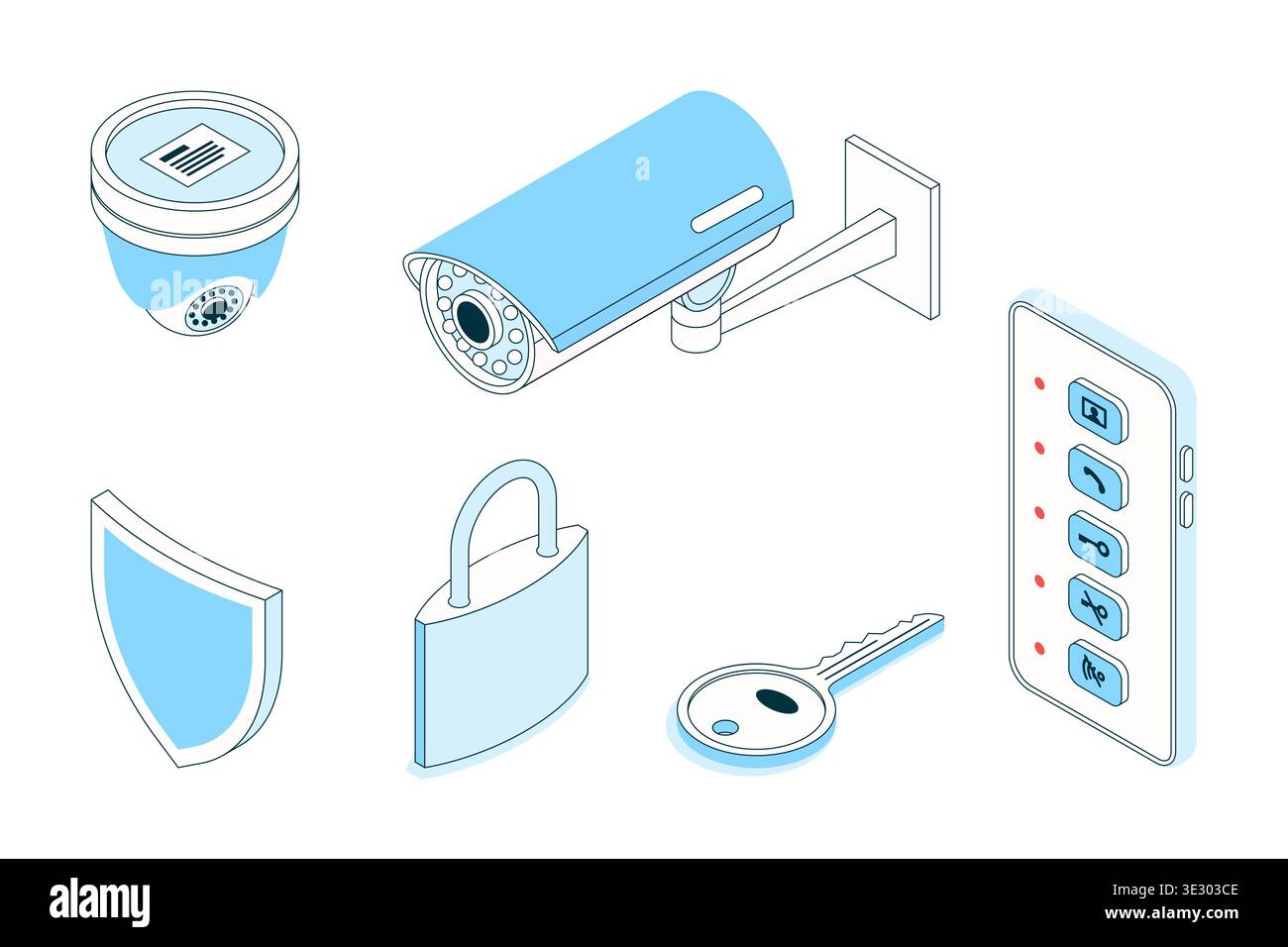 Vector 3d isometric security icons set. CCTV camera, key, smartphone app, shield and lock. Smart home, remote house surveillance, cybersecurity and da Stock Vector