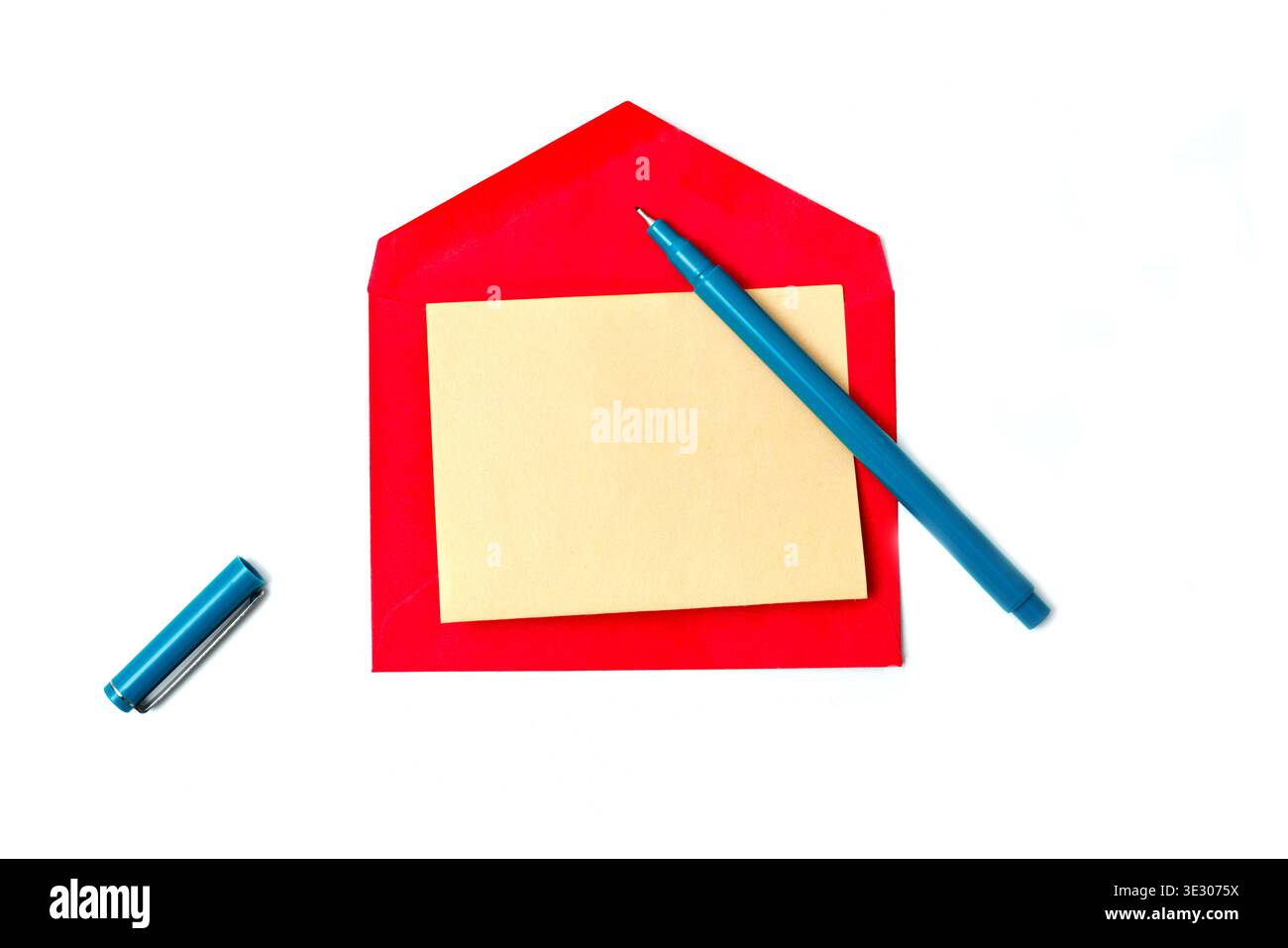 A clean, top-down studio shot of a vibrant red open envelope placed on a pure white background. Inside the envelope is a square, blank light-yellow no Stock Photo