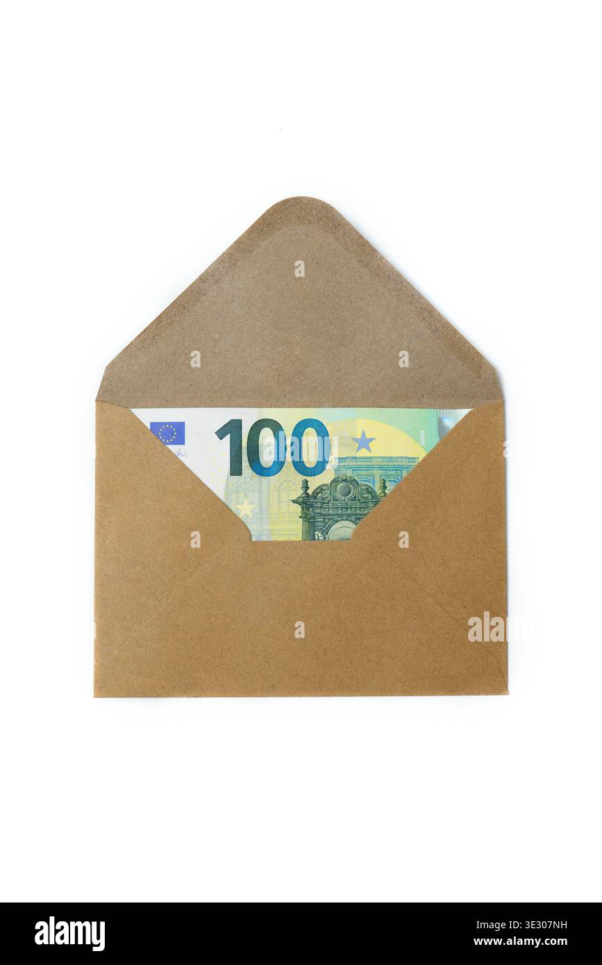 One hundred euro banknote inside a brown craft envelope, top view isolated on white background;Cash payment or savings concept: Euro currency hidden Stock Photo
