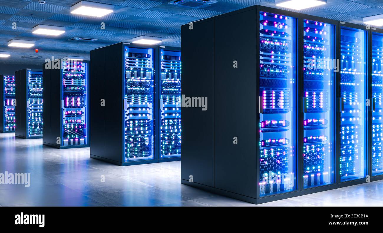 3d Data center racks glowing server Stock Photo