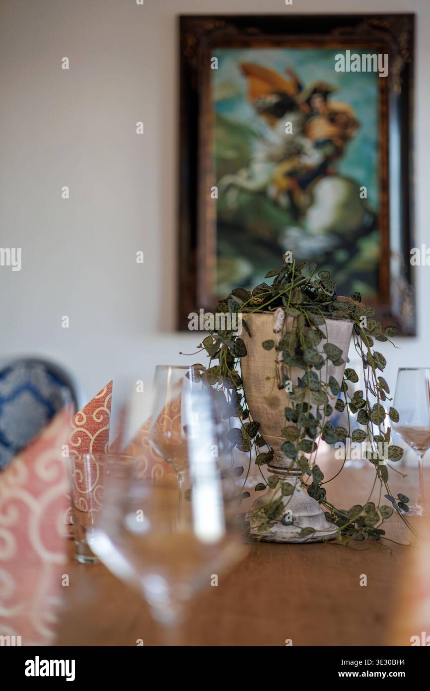 Folded Decorative Napkin on Restaurant Table Setting Stock Photo