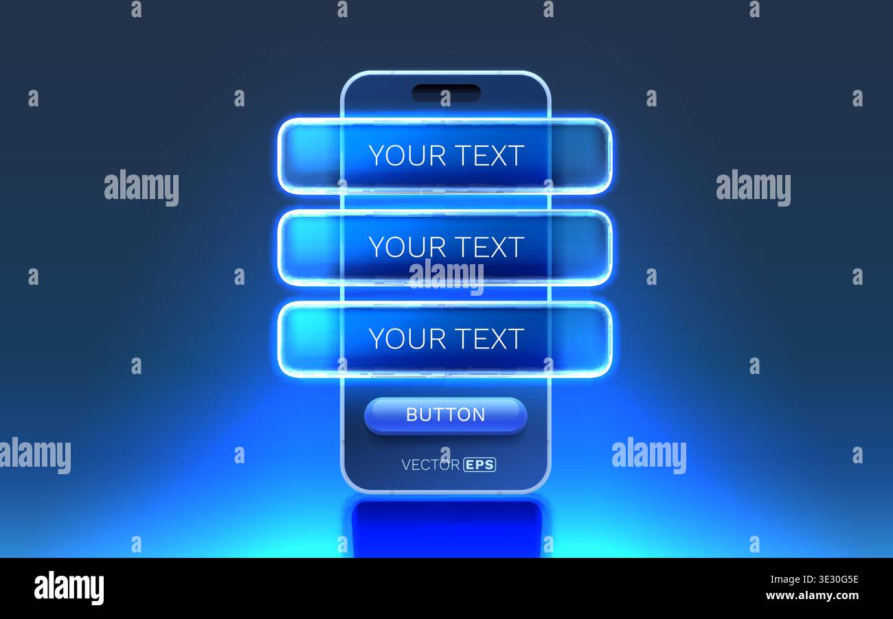 Digital smartphone interface with glowing blue UI elements, featuring interactive text fields and a button. Vector illustration Stock Vector