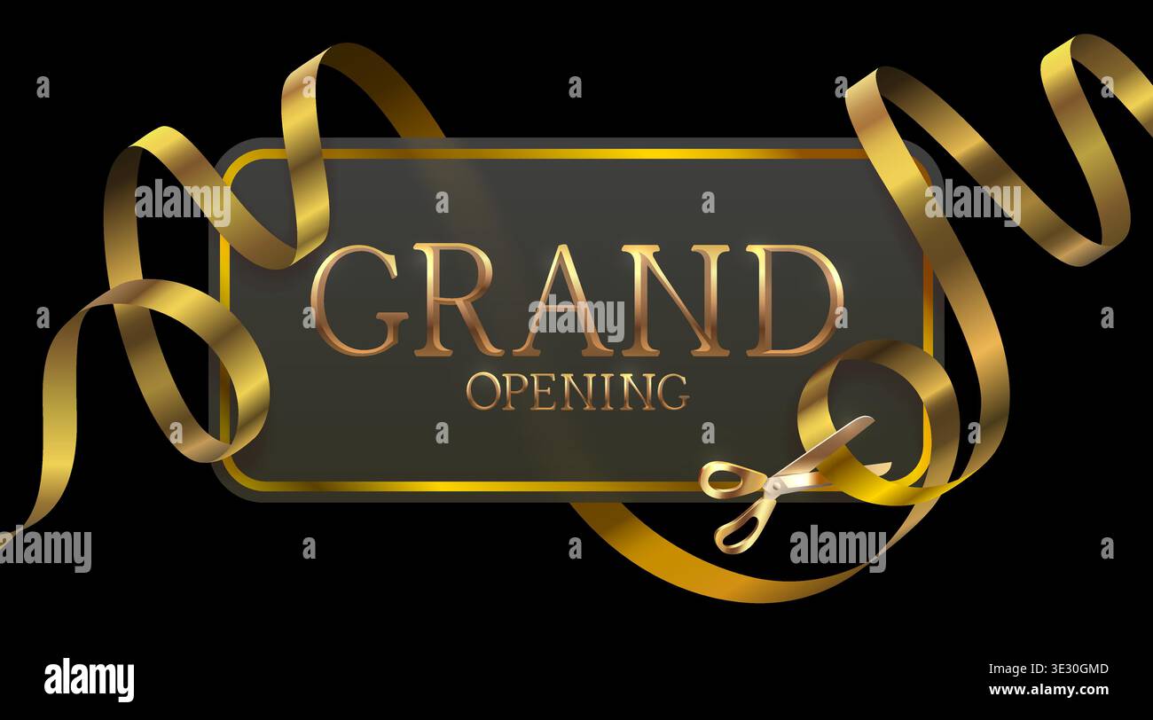 Grand Opening banner with elegant golden text and ribbon cutting, perfect for a new business launch. Vector illustration Stock Vector