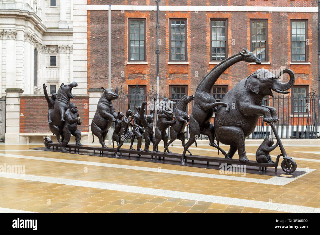 Go Wildlife Go! Sculpture in Paternoster Square an interactive public art installation of endangered animal species riding a giant scooter. Stock Photo